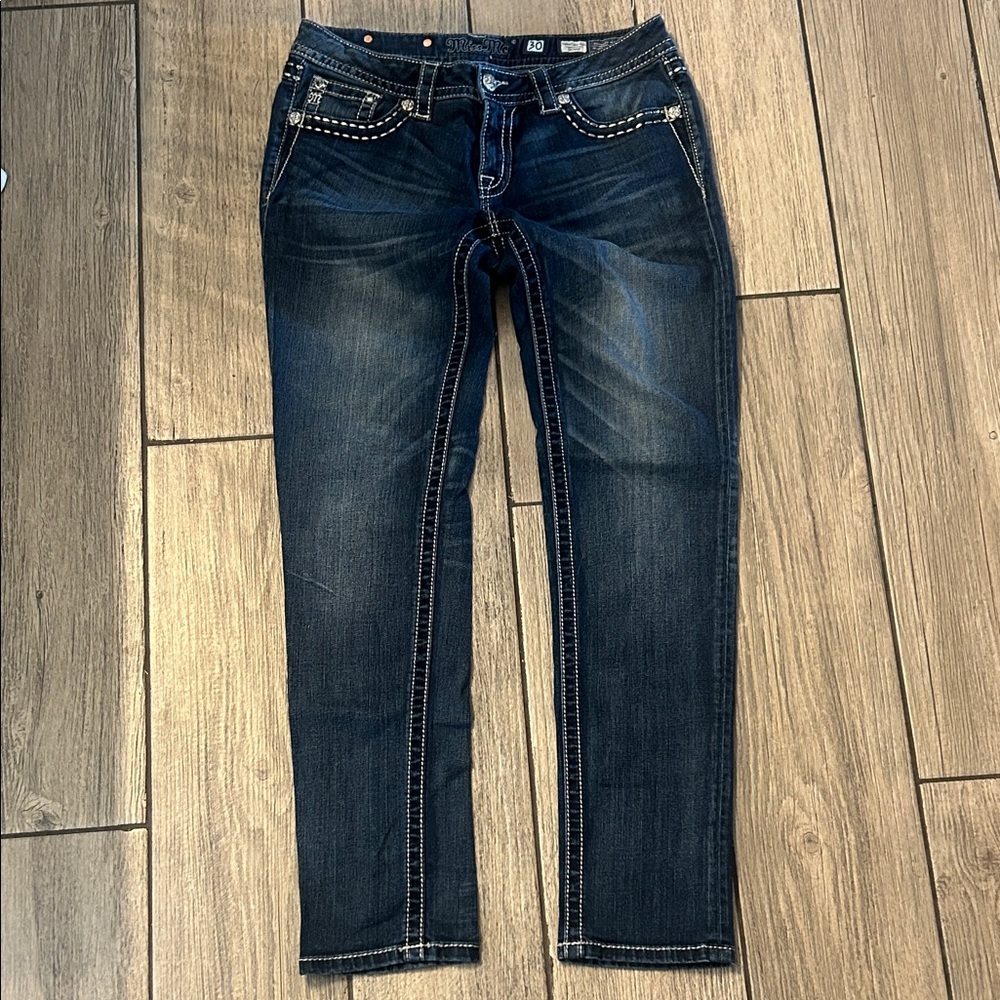 MISS ME⚜️Skinny JEANS Dark Blue Fleur-de-Lis & Crosses Size 30 JP5579S2 - Picture 5 of 14